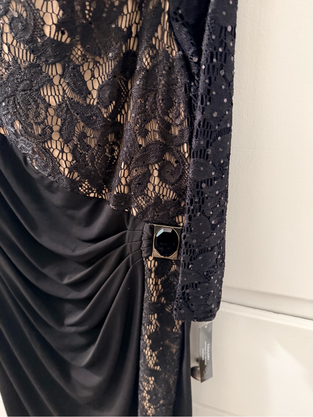 Elegant Black Lace-Accent Long Sleeve Dress by Tahari - Picture 2 of 6